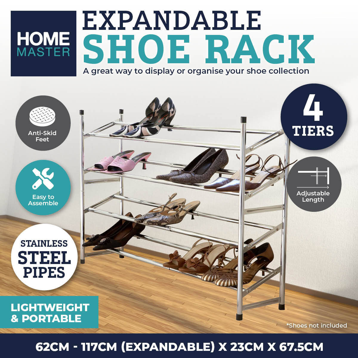Adjustable 4-Tier Stainless Steel Shoe Rack - 62cm to 117cm Expandable Design