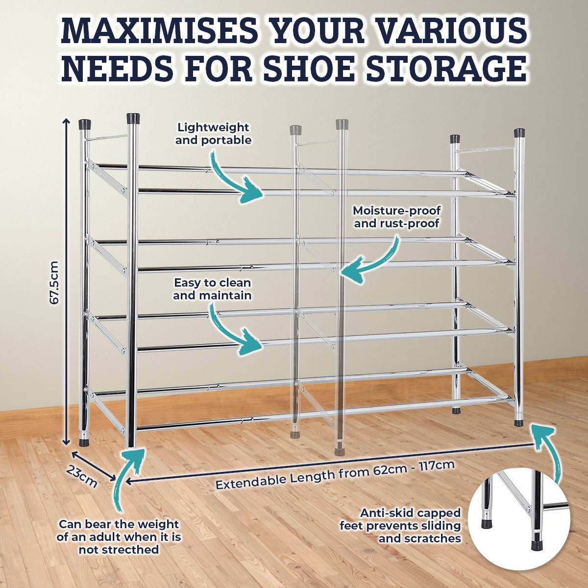 Adjustable 4-Tier Stainless Steel Shoe Rack - 62cm to 117cm Expandable Design