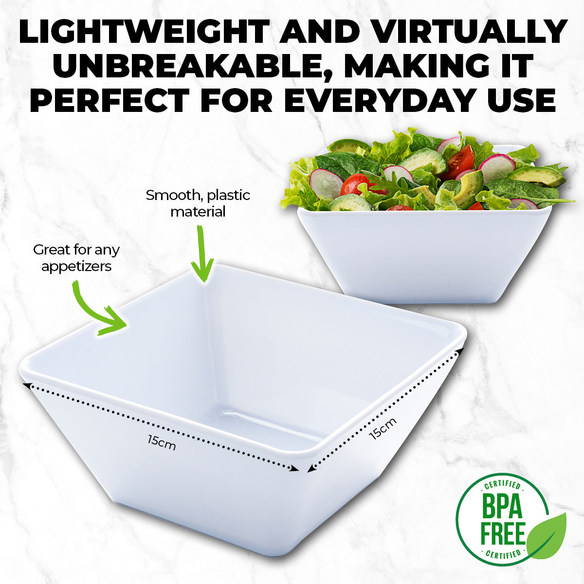 Home Master 48-Piece Lightweight Square Melamine Bowls - 15cm Durable and Unbreakable