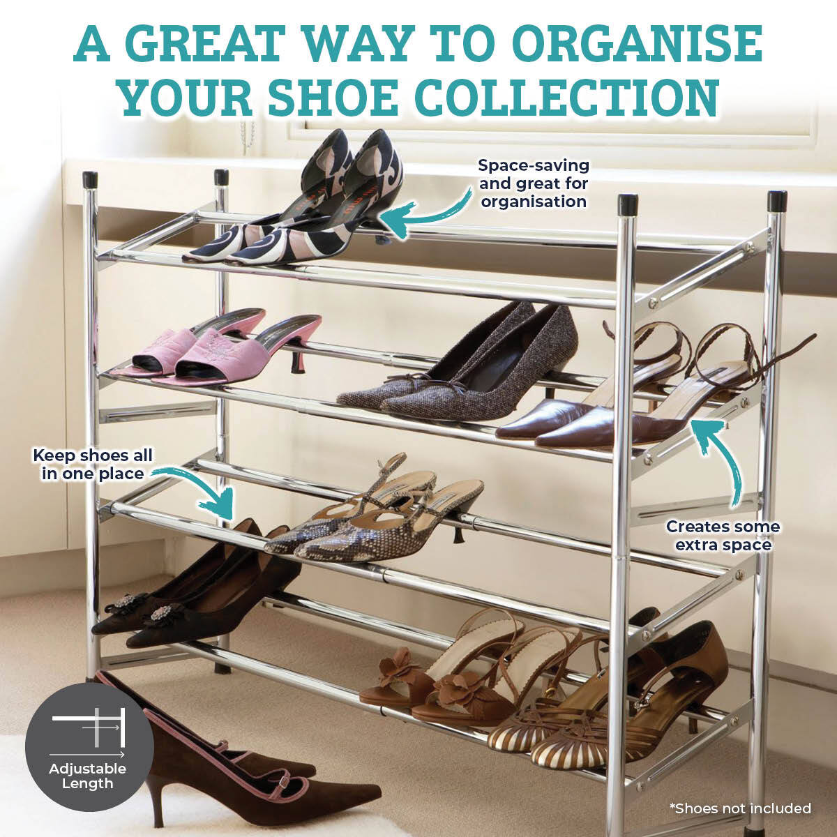 Adjustable 4-Tier Stainless Steel Shoe Rack - 62cm to 117cm Expandable Design