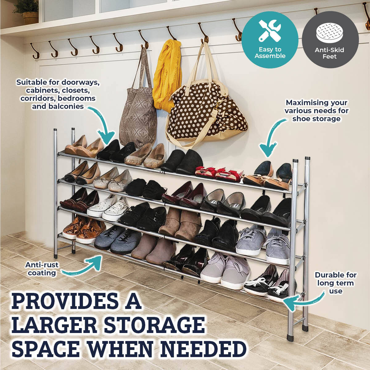Adjustable 4-Tier Stainless Steel Shoe Rack - 62cm to 117cm Expandable Design