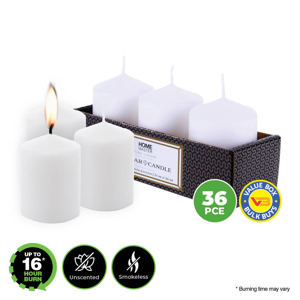 Home Master 36-Pack White Unscented Pillar Candles with 16-Hour Burn Time - 7cm